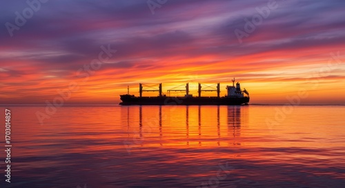 Majestic Cargo Ship Silhouetted Against Vibrant Sunset Over Calm Waters with Colorful Sky Reflections