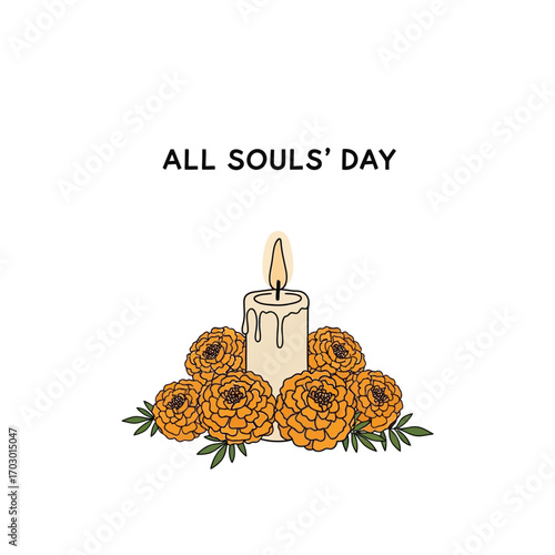 A serene hand-drawn illustration of a single lit candle surrounded by vibrant orange marigold flowers, symbolizing remembrance and commemoration
