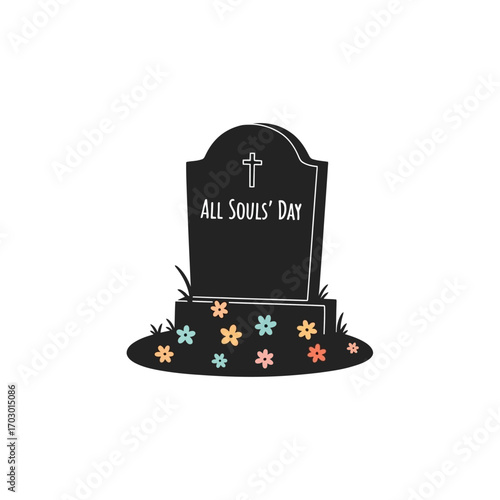Hand-drawn vector illustration of a tombstone with colorful flowers at its base, commemorating the Christian holiday of All Souls' Day
