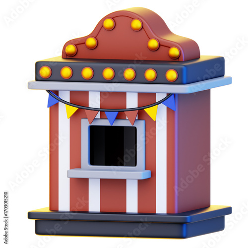 A charming 3D illustration of a classic carnival ticket booth with red and white stripes, festive pennants, and a lighted marquee top