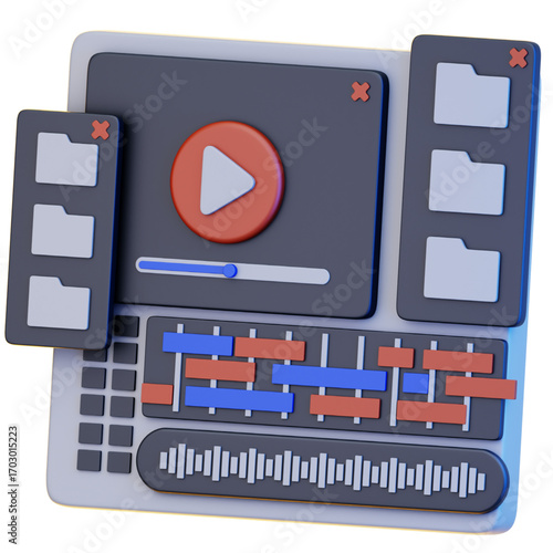 3D illustration of a digital video editing interface, featuring playback, multi-track timeline, audio, and file management for creative post-production