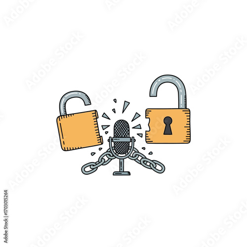 Hand-drawn illustration of a microphone breaking free from chains and locks, a powerful metaphor for freedom of speech and uncensored expression