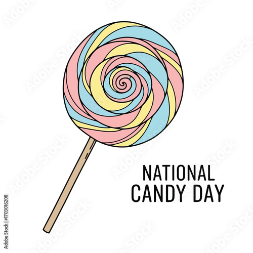 A whimsical pastel-colored spiral lollipop on a stick, representing sweet confectionery and holiday celebration on a white background