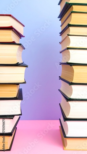 Book stacks, purple background, knowledge gap, education