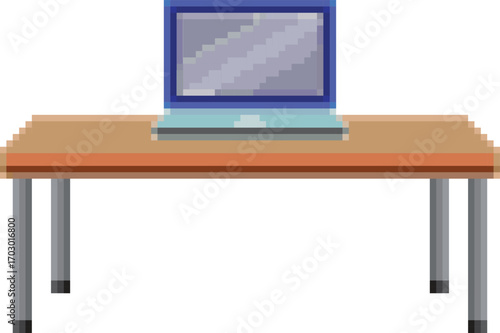 Notebook computer placed on a desk, pixel style