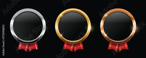 Gold Silver Bronze medals for winners. Elegant blank round emblem trophy awards with red ribbon.