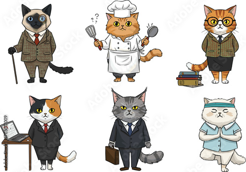 Funny cartoon cats dressed as professionals, business, chef, yoga, teacher, and vintage style, humorous character design for creative use.
