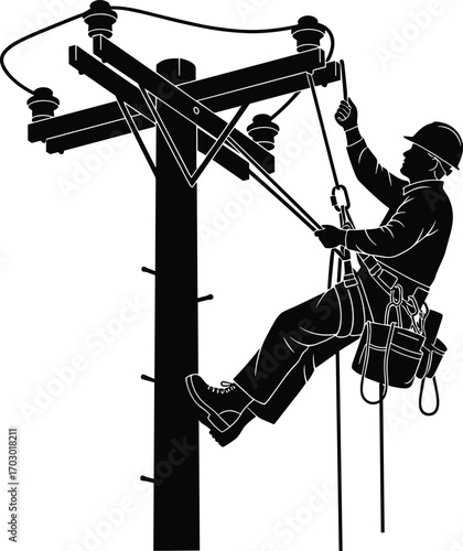 Silhouette Vector of Electrical Lineman Working on Utility Pole with Safety Gear for Power Maintenance, Industry, and Construction Concepts