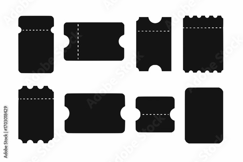Set of black silhouette tickets with cinema, concert, and event coupon designs
