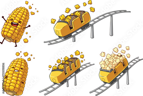 Cute corn characters and popcorn roller coaster on tracks, funny food cartoons with smiling corn, popcorn popping, and amusement ride