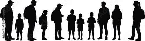 Silhouette vector of standing people, including men, women, and children in casual clothing, ideal for family group scene designs.