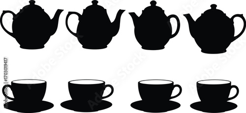 Silhouette vector set of classic teapots and teacups for vintage tea party designs, kitchen decor, cafe menu illustrations.