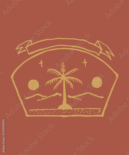 Raw hand drawn badge logo for craft style featuring natural object stylized with imperfect line art