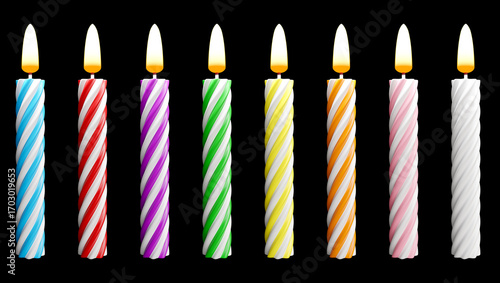 realistic striped colorful candles isolated on black background . Holiday candles with burning flames in night, candlelight on wicks, 3d render
