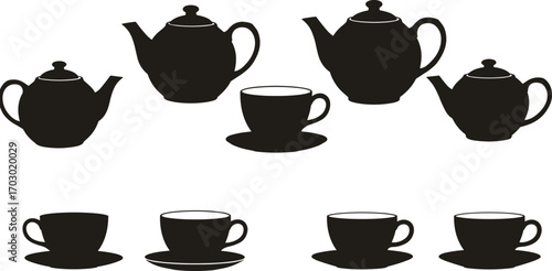 Silhouette vector set of vintage teapots and teacups for tea party, café, kitchen, and retro design themed projects.