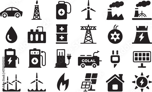 Collection of black and white icons representing energy sources and power generation electricity symbol