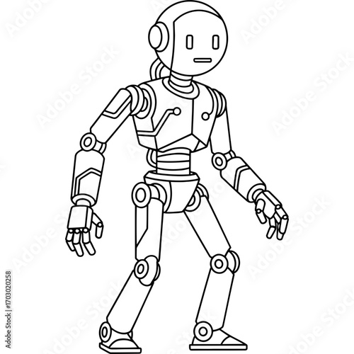 Simple black and white line art illustration of a futuristic humanoid robot, ideal for a children's coloring book page