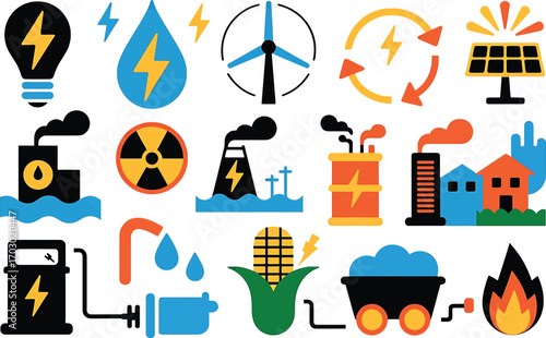 Colorful Icons Representing Various Energy Sources and Industrial Processes lightbulb lightning bolt