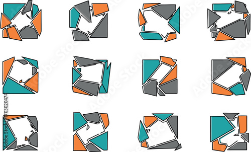Abstract geometric puzzle assets with shattered pieces in vibrant teal, orange, and grey, creating dynamic visual patterns for contemporary graphic design