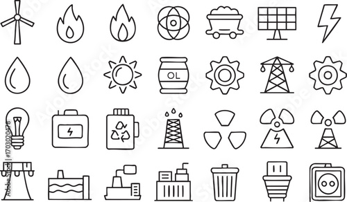 Energy Sources And Power Generation Icons With Wind Turbine And Solar Panel flame fire