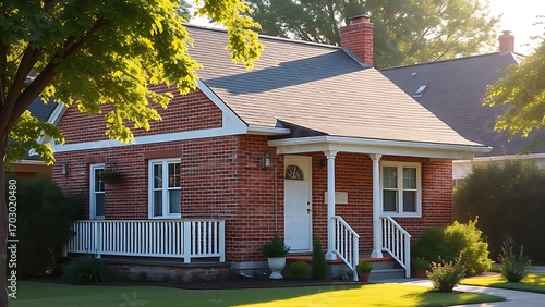 Charming suburban house with red brick facade and white trim bathed in morning sunlight.