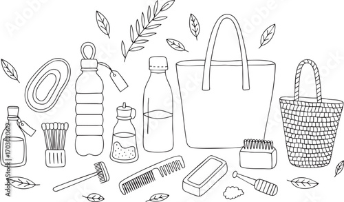 Hand Drawn Collection of Eco Friendly Personal Care and Shopping Items Keywords: personal care, eco friendly, reusable, zero waste, shopping bag, tote