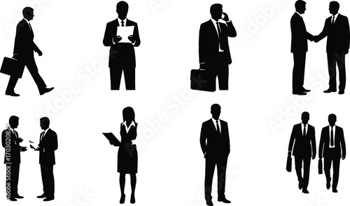 Silhouettes of Business Professionals in Office Situations Including Meetings, Walking, Phone Calls, Teamwork, and Corporate Communication Vector Illustration