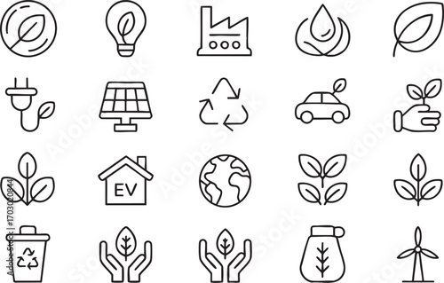 Outline icons representing environmental protection and renewable energy solutions Keywords: environment, nature, sustainability, eco friendly