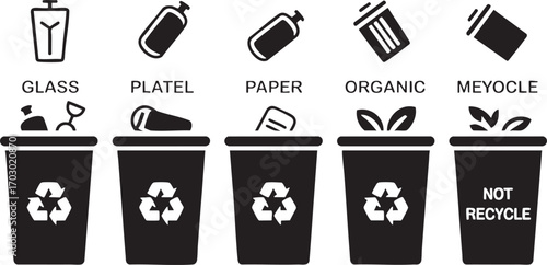 Recycling bin icons for glass paper organic plastic and non-recyclable waste trash garbage