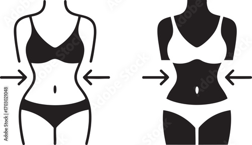 Silhouette icons of female figures showing weight loss and body slimming measurements vector illustration