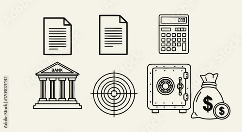 Vector Finance and Business Icons – Bank, Target, Document, Money, Security