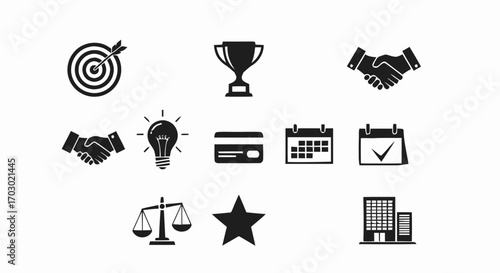 Corporate and Office Icon Collection – Success, Finance, and Law Symbols