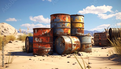 Rusty oil drums in a desert landscape