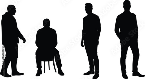 Silhouettes of casual standing and sitting men in various poses, representing modern male figure illustration for lifestyle or design use.