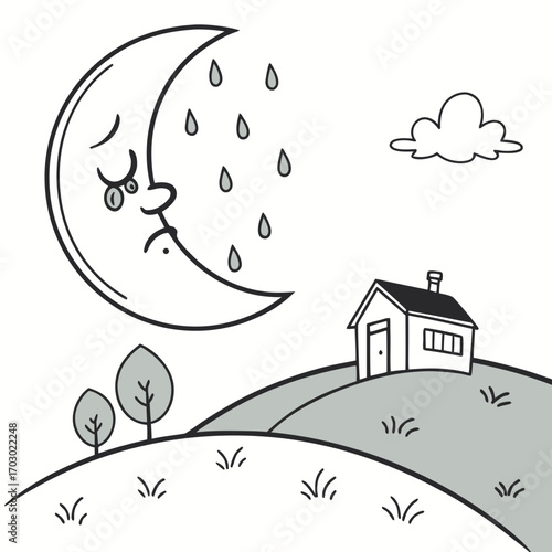 Sad moon crying over a house on a hill