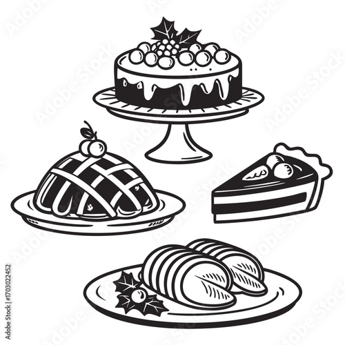 Black and white line art of various christmas desserts