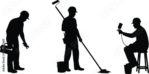 Silhouettes of Construction Painters Using Toolbox, Paint Roller, and Spray Gun Working on Industrial Project in Protective Helmets Vector Illustration
