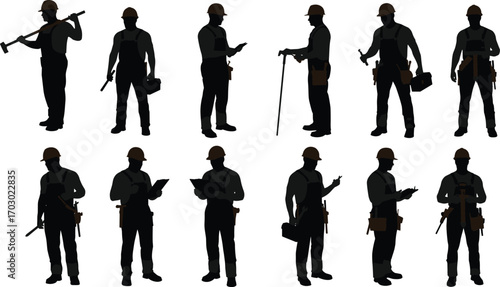 Silhouettes of construction workers in uniform using tools, measuring, checking plans, ensuring safety, and representing teamwork in construction industry.