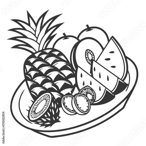 Fruit platter with pineapple, watermelon and kiwi isolated on white