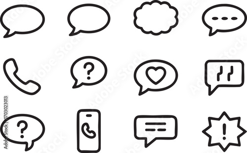 Assortment of Speech and Communication Bubble Icons in Black Outline Keywords: speech bubble, chat, message, communication, icon, talk, dialogue