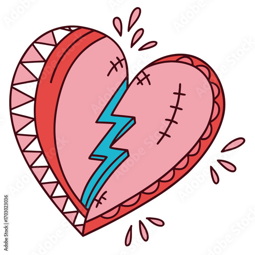 Broken heart with electric crack, a symbol of emotional pain and hurt feelings, cute cartoon style