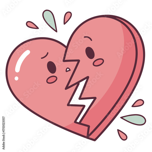 Cartoon broken heart with sad facial expressions conveys breakup and heartbreak emotions