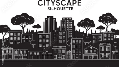 Cityscape Silhouette with Trees and Buildings