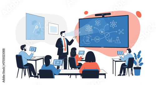 Interactive digital classroom learning and training session with modern technology facilitating education