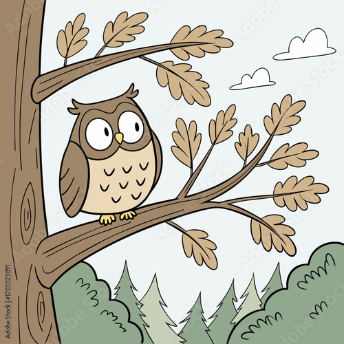Cute cartoon owl perched on a tree branch looking alert in the forest illustration