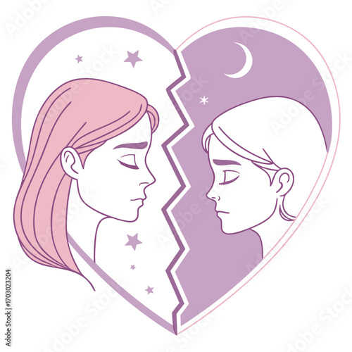 Sad heartbreak illustration depicting emotional separation, perfect for conveying relationship issues