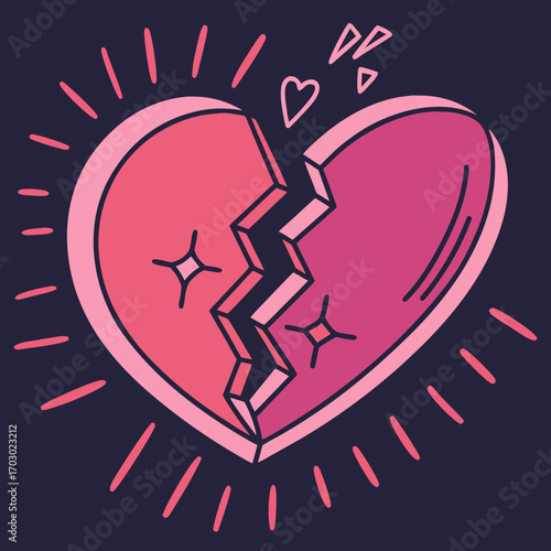 Shattered heart with sparkling edges symbolizes heartbreak and emotional pain in a stylized way