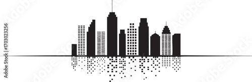 City skyline silhouette with a fragmented pixelated reflection below Keywords: cityscape, city, skyline, urban, silhouette, buildings, skyscrapers