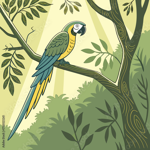 Vibrant macaw perched on tree branch in lush jungle, creating a tropical paradise escape