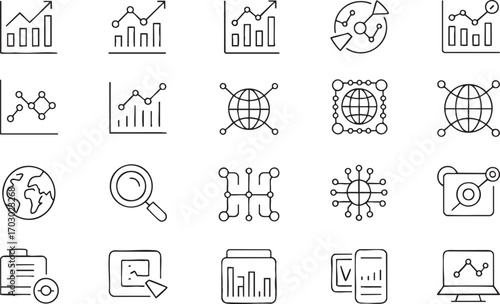 Collection of 25 hand-drawn icons related to data, analytics, and technology concepts Keywords: data, analytics, technology, icon, chart, graph, globe